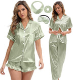 Silk Satin Pajama Set for Women 3-piece Short Sleeve Pajama with Pants Ruffle Shorts Cute Pj Set Button Down Sleepwear
