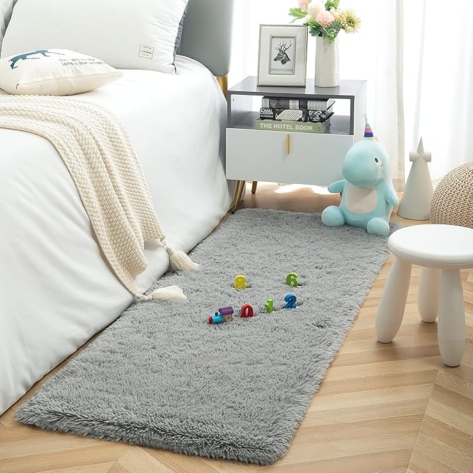 ISEAU Fluffy Runner Rug for Dorm, College, Apartment, Bedroom Plush Area Rugs, Shag Carpet with Rubber Backing Non Slip, Comfy Nursery Mat Bedside Rug for Kids Boys Room Home Decor, 2ft x 6ft, Grey