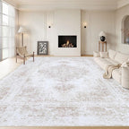 XLUEZ Area Rug 9x12 Living Room Rug, Machine Washable Vintage Distressed Medallion Rug Non-Slip Soft Low Pile Large Indoor Rugs for Bedroom Kitchen Dining Room Office(Beige,9'x12')