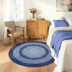 Modern Bordered Round Area Rug 4ft Washable Bedroom Circle Rugs Non Slip Stain Resistant Dining Room Round Throw Carpet Contemporary Circle Mats for Living Room Kitchen Nursery, Navy