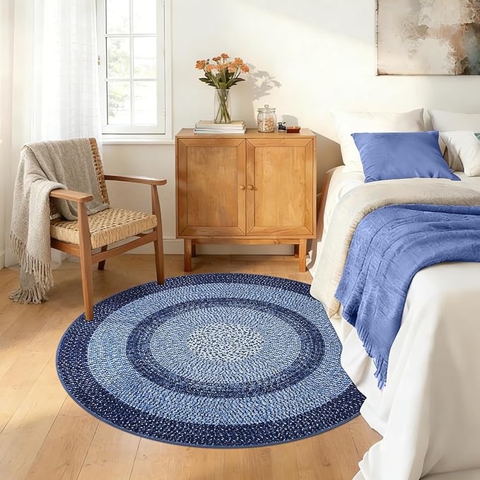 Modern Bordered Round Area Rug 4ft Washable Bedroom Circle Rugs Non Slip Stain Resistant Dining Room Round Throw Carpet Contemporary Circle Mats for Living Room Kitchen Nursery, Navy