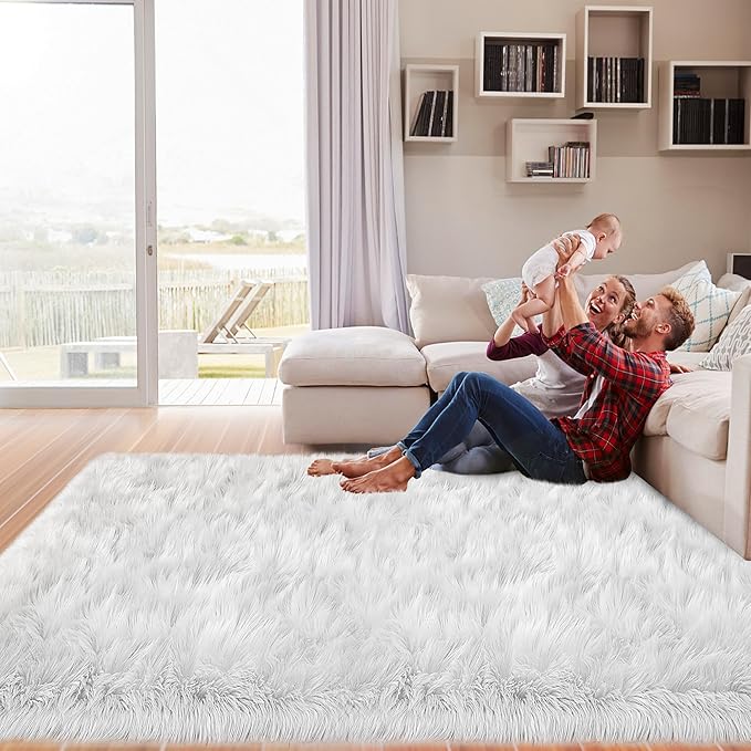 Sheepskin Faux Fur Rug 4x6 White Fur Rug for Bedroom Shaggy Area Rug Fluffy Fuzzy Carpet for Kids Room Living Room Luxury Decor Washable Soft Plush Shag Mats for Nursery Dorm Bedside
