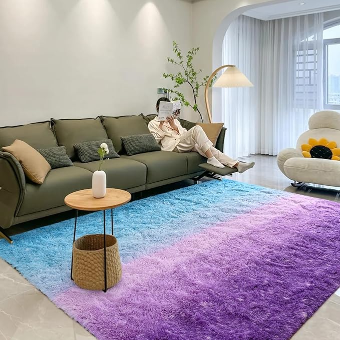 Purple Blue Area Rug 6x9 Large Rugs for Living Room Bedroom, Fluffy Cute Rug Modern Carpets for Kids Room, Non-Skid Rectangular Indoor Gradient Rug for Girls Boys Nursery Room Home Decor