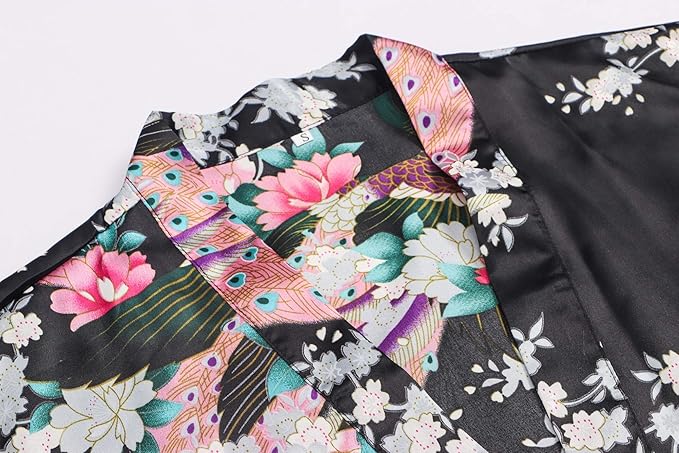 Women's Short Kimono Robes Bride and Bridesmaid Satin Floral Bathrobe Peacock Sleepwear Dressing Gown for Wedding Party