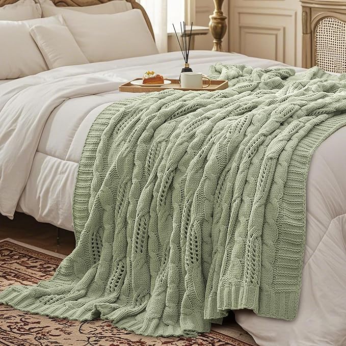 Amélie Home Chunky Knit Chenille Throw Blanket, Dual-Sided Soft Chenille Breathable Cable Knitted Blanket for Couch, Farmhouse Decorative Throw for Sofa & Chair, 60"x80", Sage Green