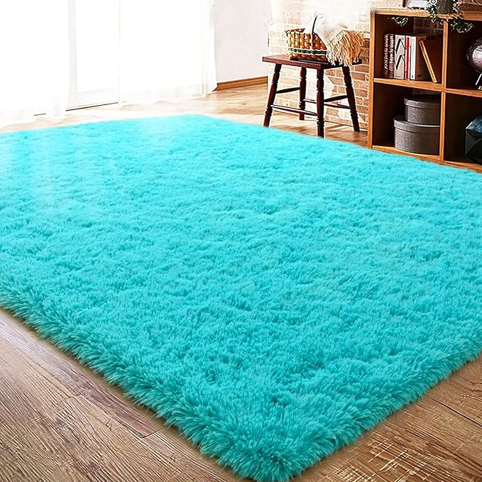 ISEAU 4x6 Area Rug for Living Room, Teal Blue Rugs for Bedroom, Kitchen, Soft Shaggy Carpets, Fluffy and Machine Washable Mats, Under Bed, On Nursery Floors Mat, Boys, Girls Room Carpet Decor