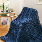 YAAPSU Chunky Knit Throw Blanket for Couch, 51"x63", 100% Hand Knitted Thick Cable Knit with Cozy Jumbo Chenille Yarn, Soft Large Rope Knot Crochet Blankets for Sofa Bed Living Room Décor, Navy Blue