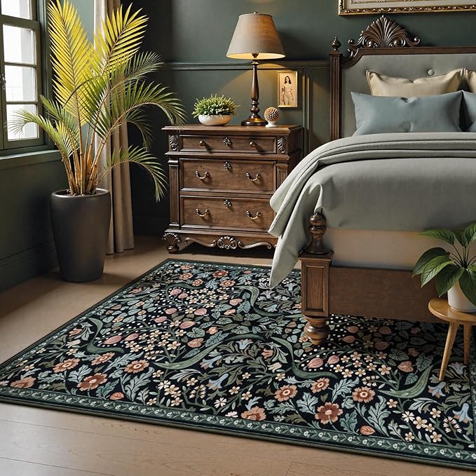 Lahome Claude Floral 5x7 Rug for Living Room, Soft Washable Area Rugs for Bedroom, Botanical Thin Stain-Resistant Black Boho Carpet for Dining Room, Guestroom, Nursery Indoor