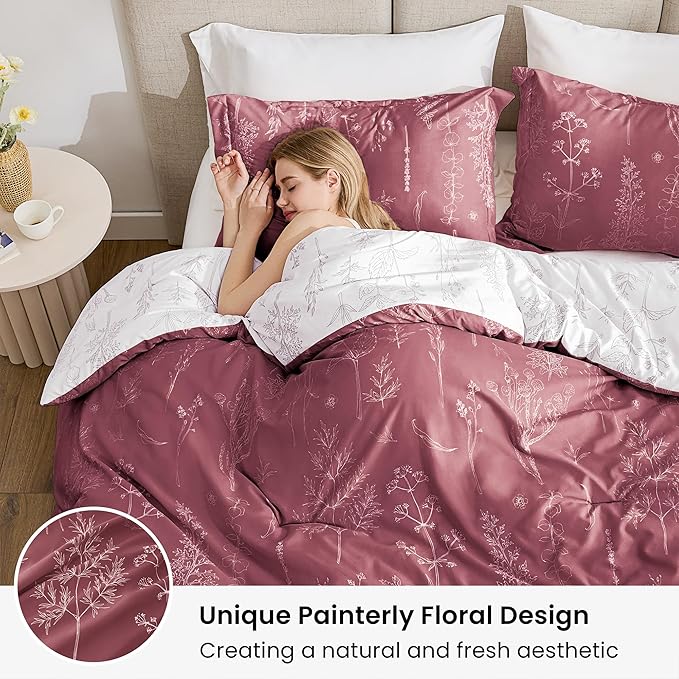 Love's cabin Vintage Rose Comforter Set King - King Size Comforter Set, 3 Pieces Cute Floral Bedding Sets for All Seasons,1 Soft Reversible Botanical Flowers Comforter and 2 Pillow Shams
