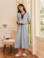 Ekouaer Women's Zipper Robe 3/4 Sleeves Housecoat Full Length Nightgown Soft Loungewear Robe with Pockets S-3XL