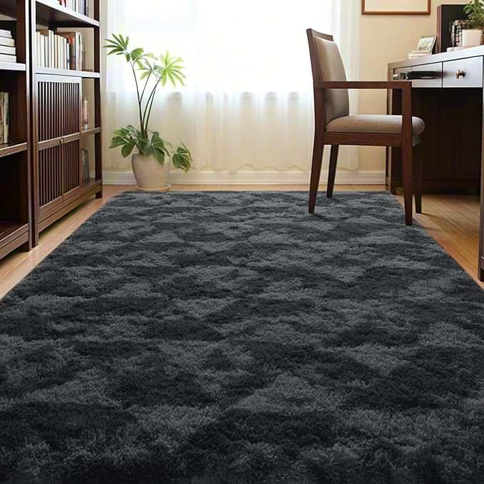 ISEAU 8x10 Area Rug for Living Room, Drak Grey Geometric Pattern Plush Rug for Bedroom, Kitchen, Soft Shaggy Carpets, Fluffy and Machine Washable Mats, Nursery Floors Mat, Boys Room Carpet Decor