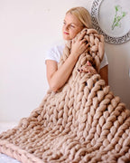 Throw Blanket Full Size 54"x75" for Bed - Chunky Knit Blanket, Boho Throw Blanket for Couch 100% Merino Wool (Dark Beige, 54"x75")