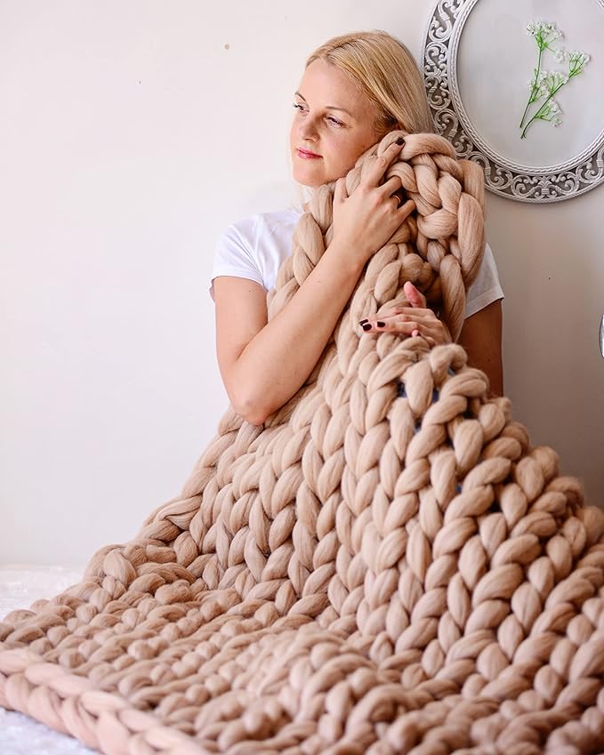 Throw Blanket Full Size 54"x75" for Bed - Chunky Knit Blanket, Boho Throw Blanket for Couch 100% Merino Wool (Dark Beige, 54"x75")