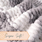 Adyrescia Chunky Knit Blanket Throw | 100% Hand Knit with Jumbo Chenille Yarn (50"x60", Gray and White Stripes)
