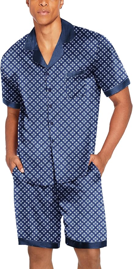 Ekouaer Men Satin Silk Pajamas Set with Pockets Sleepwear Shorts Satin Summer Loungewear 2 Piece Button Down Set S-3XL