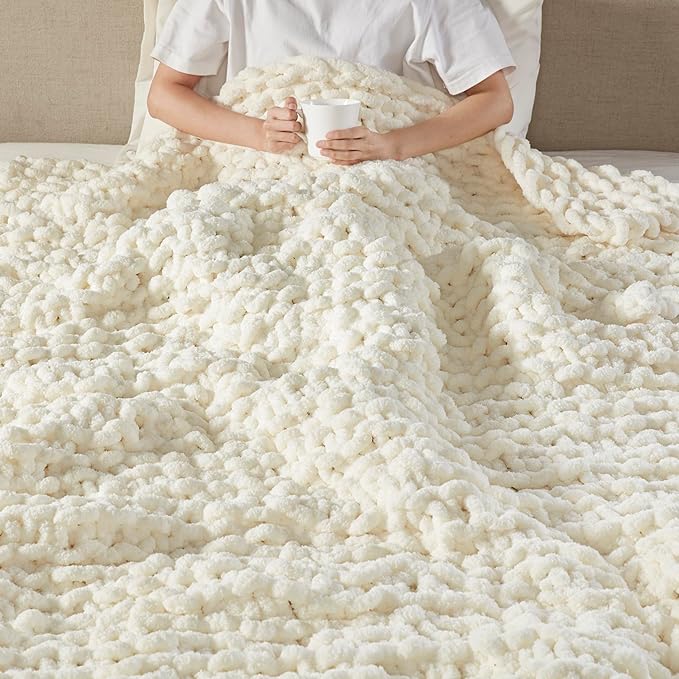 Madison Park Chenille Chunky Knit Handmade Throw Blanket, Luxuriously Soft Gift Blankets, Cottage Style Room Décor, Lightweight & Breathable All Seasons Throw Blanket for Couch, 50" W x 60" L Ivory