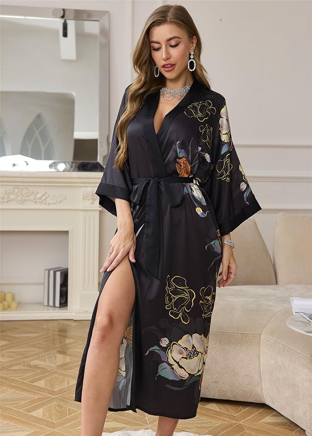 Kihnop Women's Floral Long Kimono Robe Long Satin Robe Long Silk Robe Ladies Kimonos Silky Bathrobe Cover Up, One Size