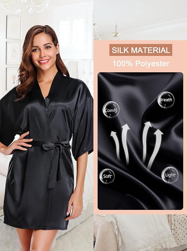 Women's Short Satin Robe Silky Bathrobes Bridal Bridesmaid Kimono Robe V-Neck Sleepwear S-XXL