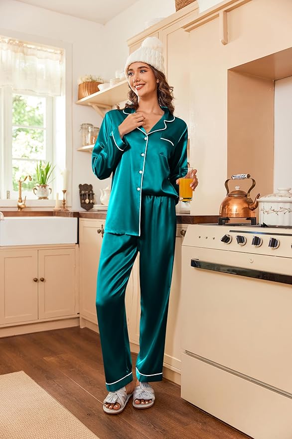 Ekouaer Women's Classic Button Down Long Satin Silk Pajama Set