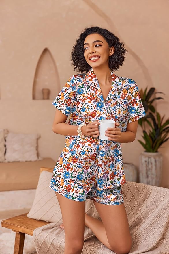 Ekouaer Womens Silk Pajama Sets Button Up Satin Pjs Short Sleeve 2 Piece Pj Sets Cute Lounge Sets with Chest Pocket