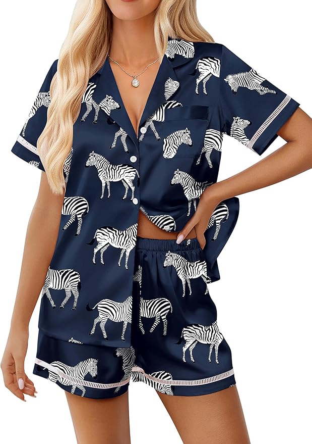 Ekouaer Womens Silk Pajama Sets Button Up Satin Pjs Short Sleeve 2 Piece Pj Sets Cute Lounge Sets with Chest Pocket