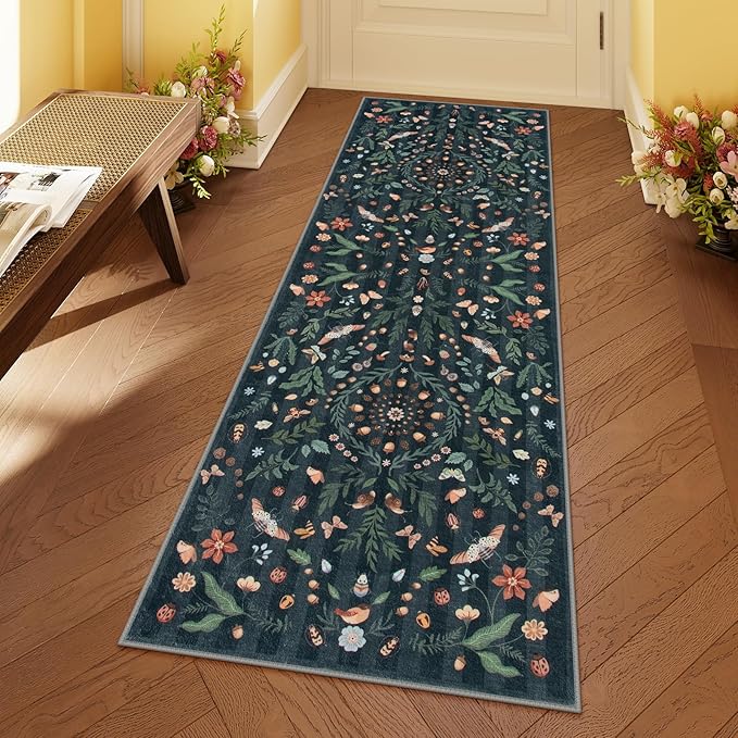 Lahome Insect Botanical 2x6 Washable Rug Runners for Hallways Non Slip, Black Bathroom Kitchen Runner Rugs Non Skid, Soft Non-Slip Entryway Indoor Carpet for Laundry Bedroom