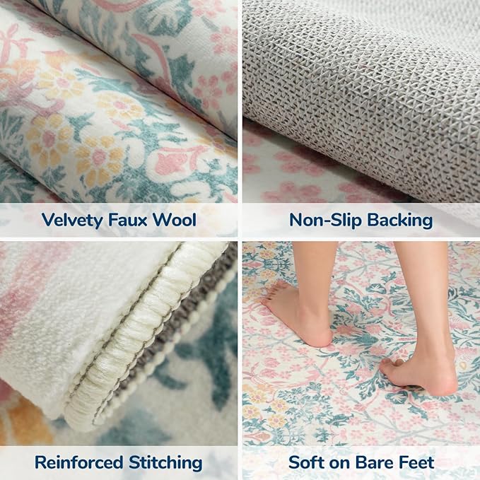 Lessymo Floral Washable Area Rugs 6x9, Soft Pink Rugs for Living Room Bedroom Nursery Dining Room, Vintage Carpet Mat Low Pile Non Slip Stain Resistance Distressed Retro Indoor, Pink Green