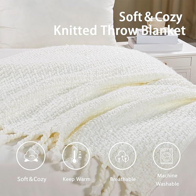 Chunky Knit Throw Blanket with Braided Tassels 50" x 60", Hand Knitted Soft Thick Yarn Basket Weave Boho Farmhouse Blanket, Plush Fluffy Tassel Decor Throw for Couch Bed Sofa, Cream
