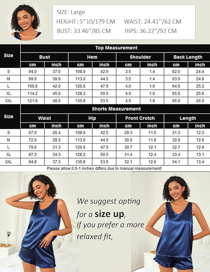 Ekouaer Womens Silk Pajamas Set 2 Piece Satin Camisole Pjs V Neck Tank Top and Shorts with Ruffle Sleepwear