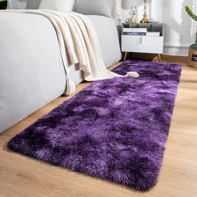 Softlife Dark Purple Area Rug for Bedroom, Fluffy Shag Plush Tie Dyed Rugs for Living Room Girls, Shaggy Throw Carpet for Kids Soft Fuzzy Runner Small 2x6 Runners for Hallways Dorm