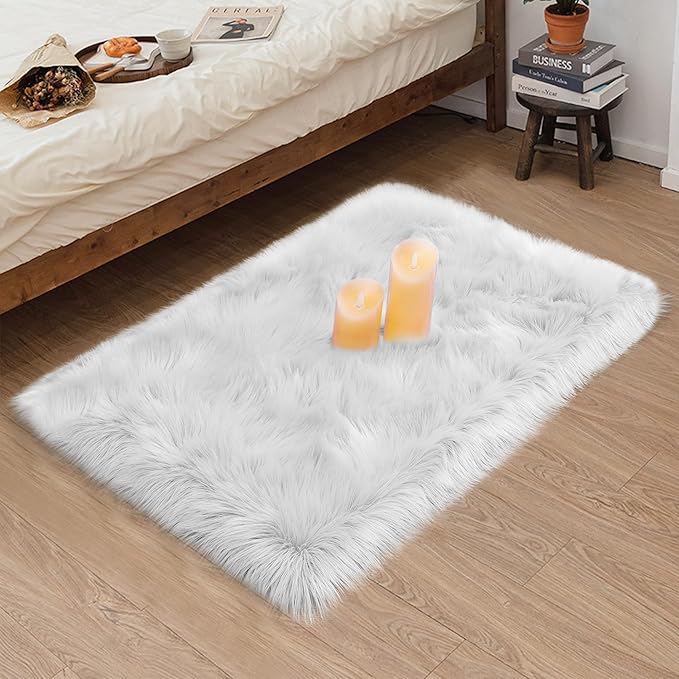 Sheepskin Faux Fur Rug, 2x3 White Fur Rug for Bedroom Small Area Throw Fluffy Fuzzy Carpet for Living Room Luxury Decor Washable Soft Shag Mats for Kids Room Nursery Dorm Bedside