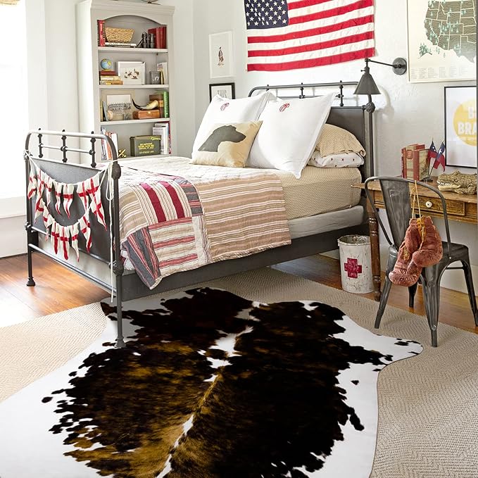HOMORE Cowhide Rug, 3.6 x2.3ft Area Rugs Small Cow Print Rugs for Bedroom Faux Cow Hide Animal Print Rug for Living Room Office Table Western Decor, Dark Brown