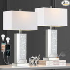 PARTPHONER Modern Mirror Table Lamp Set of 2 - Touch Control 3-Way Dimmable Bedside Lamps with USB-C/A Ports, Silver Diamond Crystal Accent & White Fabric Shade for Bedroom, Living Room, Nightstand