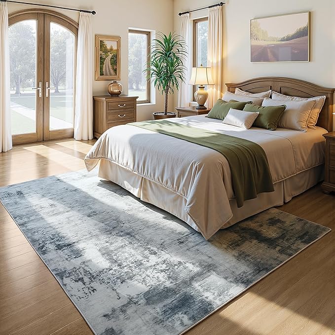 CRYPTOLITE Living Room Rug Washable Abstract Rugs with Non-Slip Backing Low Pile Area Rug for Living Room, Bedroom, Dining Room, 6x9, Grey