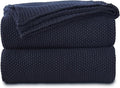 Longhui bedding Dark Navy Blue Cotton Cable Knit Throw Blanket for Couch Sofa Bed, Lightweight Home Decorative Throws, Bonus Laundering Bag, 60 x 80 Machine Washable