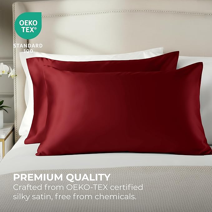 Pure Bedding Satin Pillowcase 2 Pack - King Size (20"x40", Burgundy) - Silky Pillow Cases for Hair and Skin - Satin Pillow Covers with Envelope Closure - Extra Soft Premium Microfiber