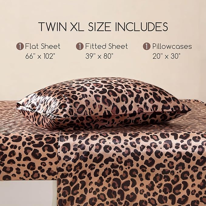 MR&HM Satin Bed Sheets, Twin XL Size Sheets Set, 3 Pcs Silky Bedding Set with 15 Inches Deep Pocket for Mattress (Twin XL, Brown Leopard)