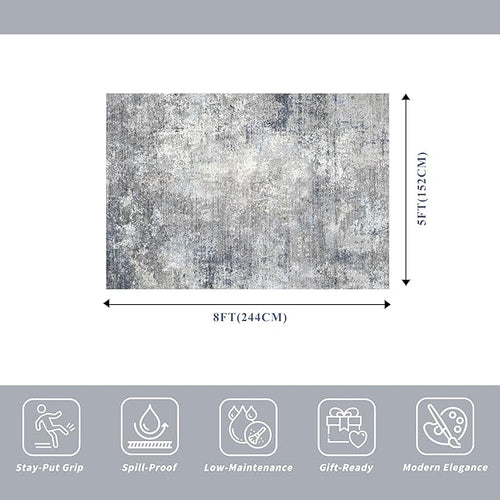 5x8 Washable Rug Living Room - Non-Slip Modern Abstract Neutral Indoor Rug for Bedroom Kitchen Dining Room - Low Pile Soft Carpet（Blue Grey,5x8）