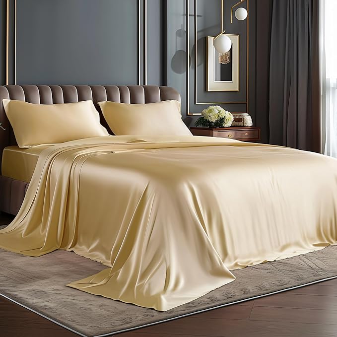 BEDELITE Satin Sheets Full Size Bed Set, Luxury Soft Champagne Silky Sheets for Hair and Skin, Similar to Silk Bed Sheets Set 4 Pieces with 1 Deep Pocket Fitted Sheet, 1 Flat Sheet, and 2 Pillowcases