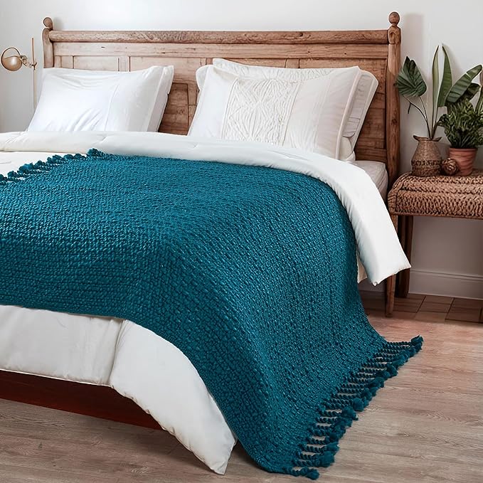 Home Soft Things Basket Weave Throw Blanket, Soft Cozy Warm Blanket with Braided Decorative Throw for Couch Sofa Outdoor Indoor, Teal, 50''x60