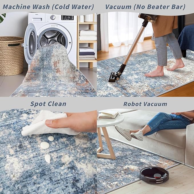 8x8 Square Living Room Area Rug – Washable Modern Neutral Abstract Indoor Rug for Bedroom, Dining Room, Kitchen – Non-Slip Soft Low-Pile Floor Carpet (Blue Rust,8x8)
