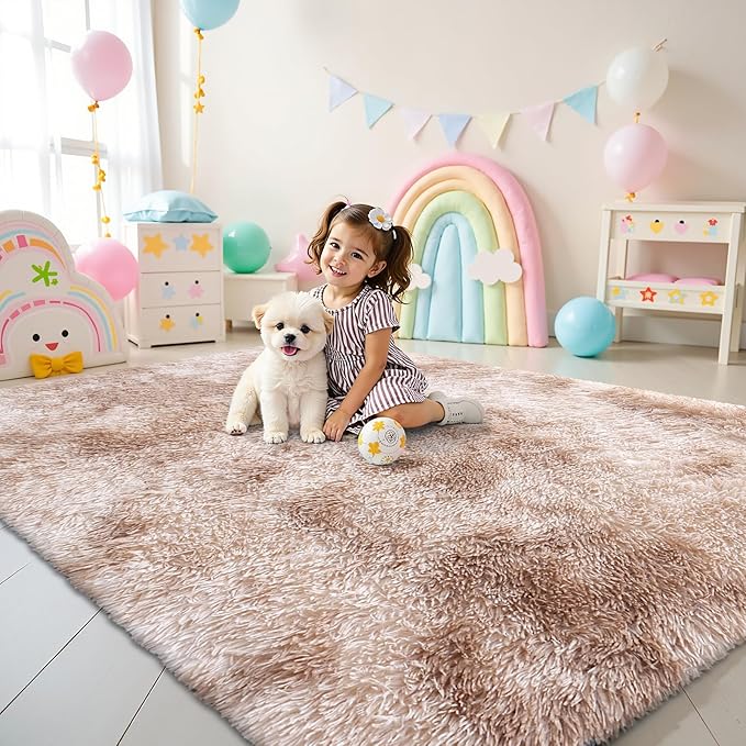 OLANLY Area Rugs for Living Room Bedroom, Machine Washable 4x5.9 Feet Soft Fluffy Shaggy Bedside Rug, Indoor Floor Carpet for Kids Girls and Boys, Nursery Room, Home Decor Aesthetic, Beige Tie-dye