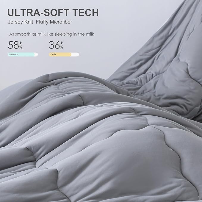 COTTEBED Ultra-Soft Comforter Set Queen/Full Size Bed, Jersey Knit T-Shirt Feeling Fluffy Cozy Comy Durable Lightweight Quilt Bedding Down Blanket & 2 Pillowcase for All Season Use, Dark Grey