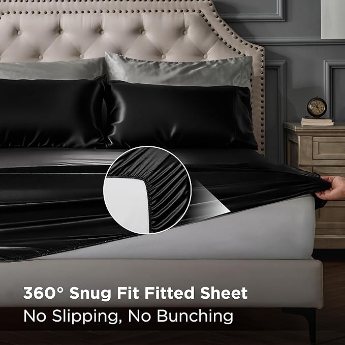 Bedsure Black Satin Sheets Queen Size - 4 Piece Silky Bedsheets with Elastic Corner Straps and 15 Inches Deep Pocket Fitted Bedsheet,1 Flat Sheet, 2 Satin Pillowcases, Good for Hair& Skin(Queen,Black)
