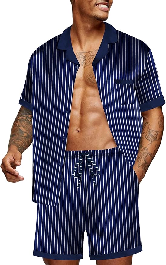 Ekouaer Men Satin Silk Pajamas Set with Pockets Sleepwear Shorts Satin Summer Loungewear 2 Piece Button Down Set S-3XL