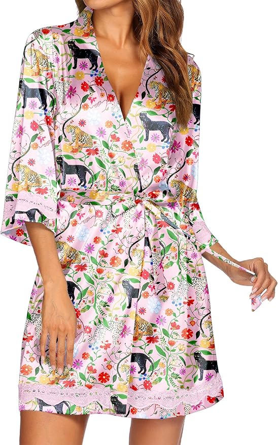 Ekouaer Women's Lace-Trim Silk Robes Bride Bridesmaid Kimono Satin Bathrobe V Neck Sleepwear with 3/4 Sleeve