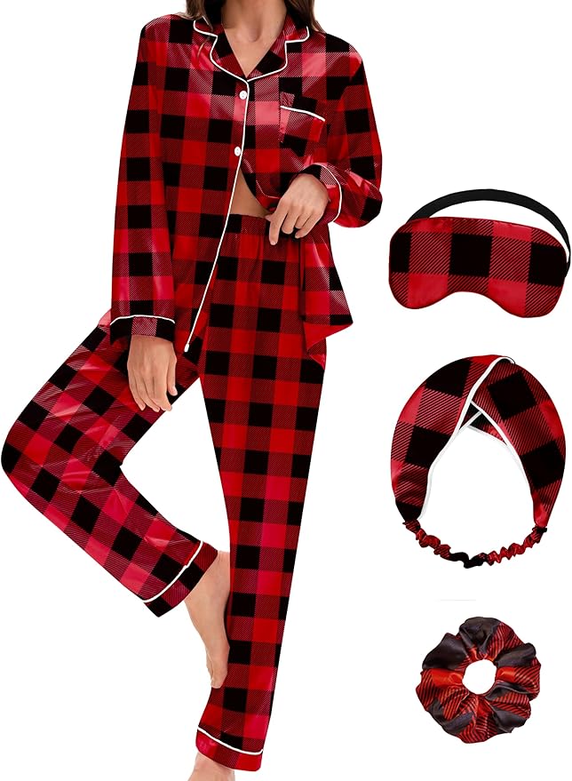 EPLAZA Silk Pajamas for Women Satin Pajamas Set 5 Pcs Long Sleeve Print Pattern Button Down Pjs Sleepwear Loungewear Set