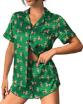 Ekouaer Womens Silk Satin Pajama Set Print Short Sleeve Sleepwear Button Down Pjs Shorts Set Loungewear