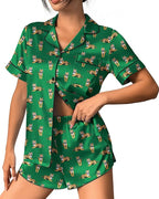 Ekouaer Womens Silk Satin Pajama Set Print Short Sleeve Sleepwear Button Down Pjs Shorts Set Loungewear
