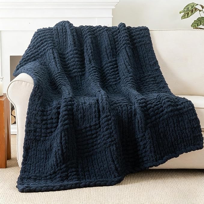 Bunnikins & Clover Navy Blue Throw Blanket for Couch, Chunky Knit Navy Throw Blanket for Home Decor, Handmade Chenille Cable Knit Throw, 50"x60"